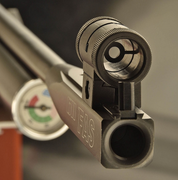 Muzzle view of the barrel, with an option tunnel sight mounted