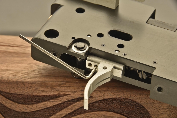 Detail view of the trigger system, fully adjustable