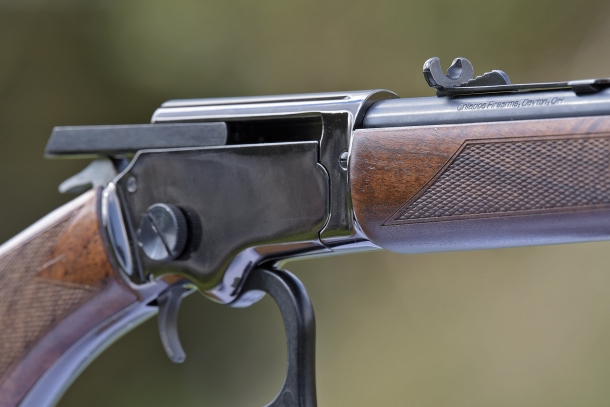 The polished black chrome finish receiver of the Chiappa Firearms LA322 Deluxe rifle