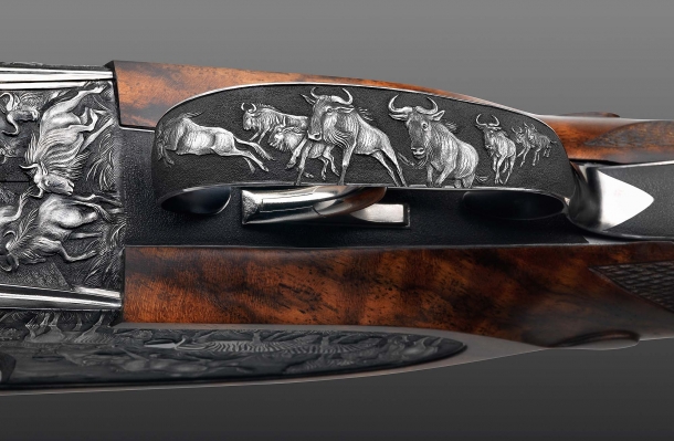 Fanzoj "The Great Migration" Express Rifle: detail of the engraving on the trigger guard