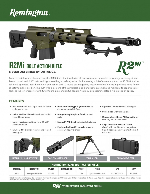The sell-sheet for the Remington R2mi rifle, with its technical specs