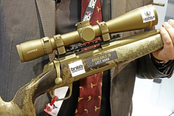 A close-up of the McMillan Game Scout stock and Cerakote Burnt Bronze finish