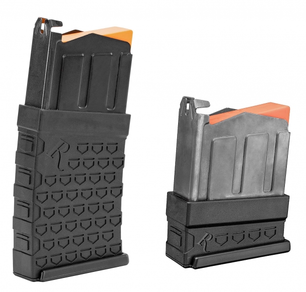 On the left is the standard detachable six shots magazine used to feed the new Remington 870 DM shotguns. Three-shots magazines will be available for hunting purposes