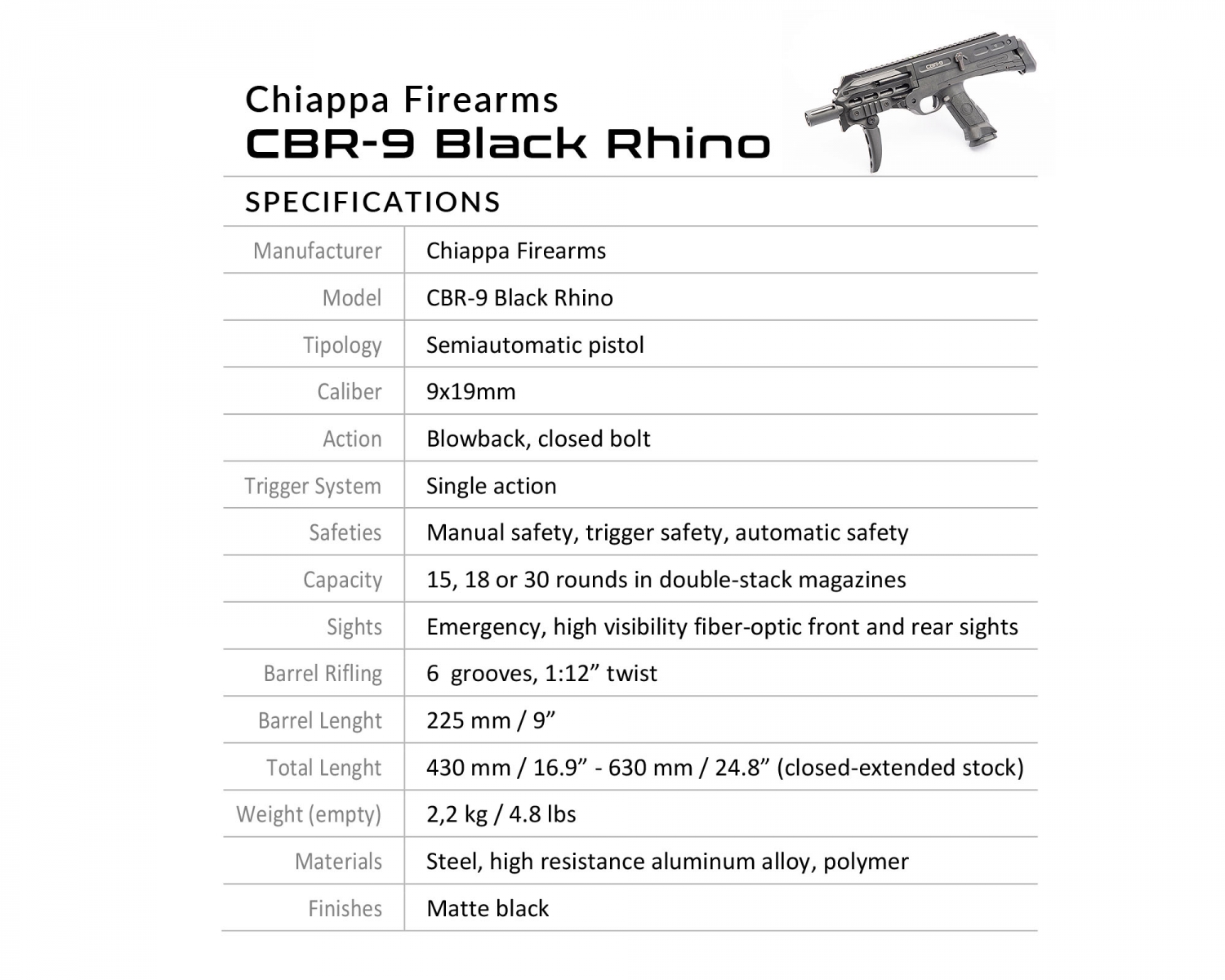 Chiappa Firearms CBR-9 Black Rhino pistol specifications